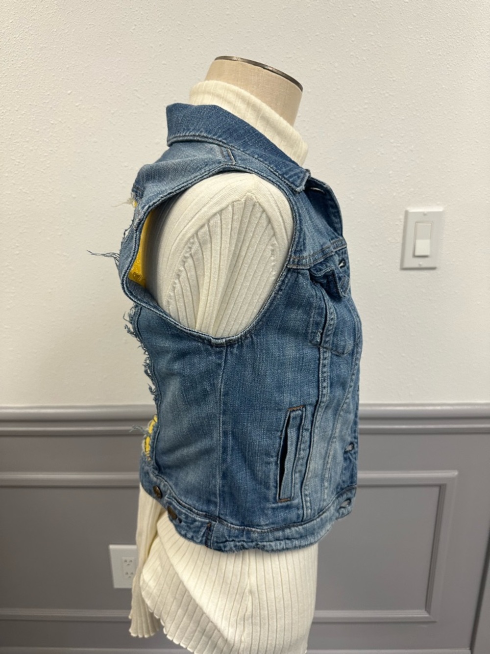 J Crew Classic Blue Sleeveless Denim Vest with Yellow Fabric Back (1022) - Picture 3 of 10